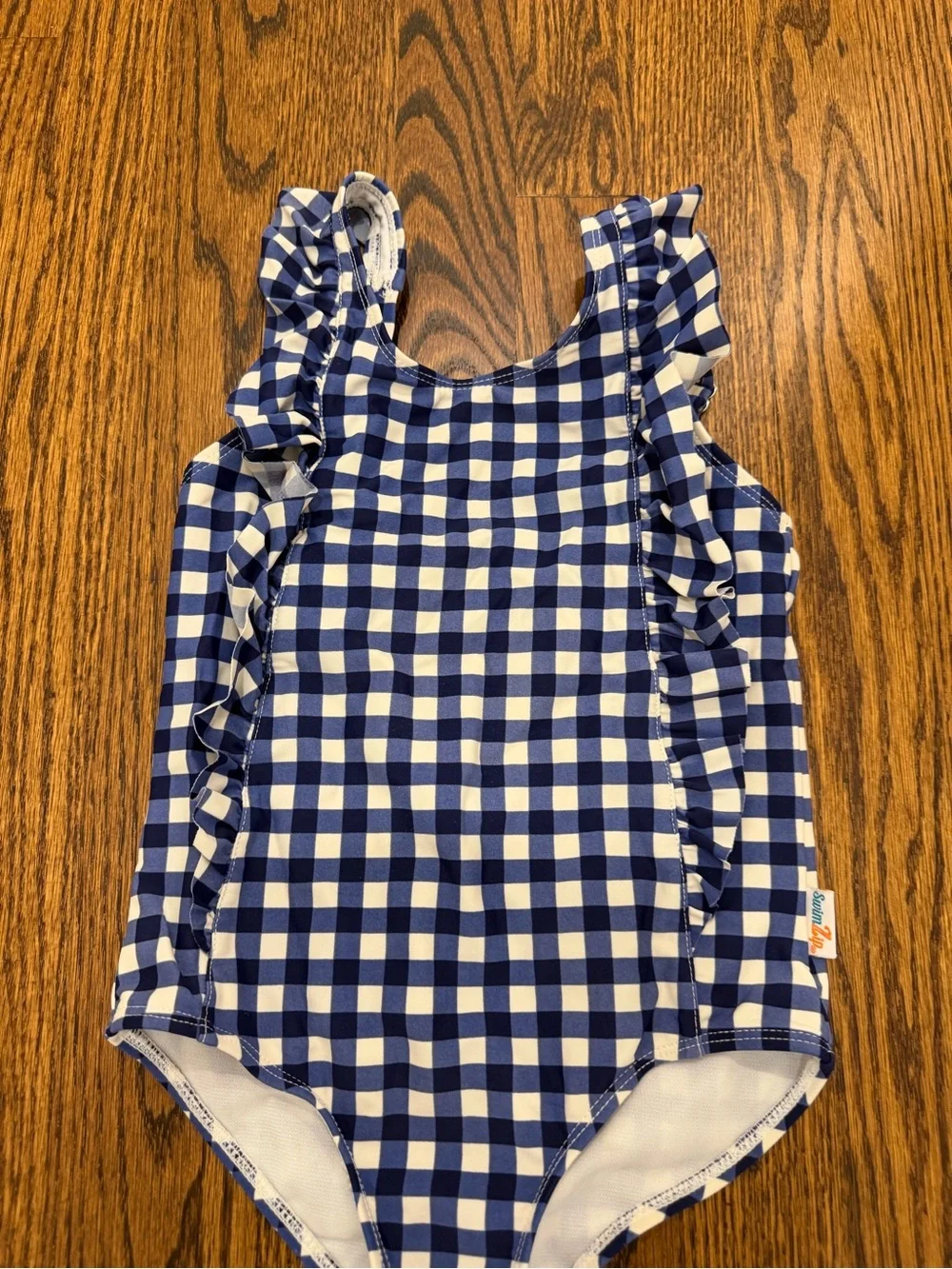 Girls Navy Blue and White Gingham Ruffle One-Piece Swimsuit